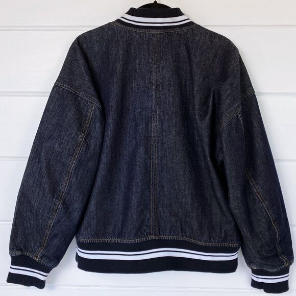 90s Oversized Denim Jean Bomber Jacket S 80s Retro Varsity Baseball Letterman - Picture 13 of 13